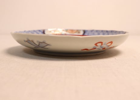明治前期色絵青玉に青海波と花図6寸皿