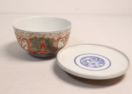 明治前期色絵団龍と牡丹図通り物蒸茶碗①5客組