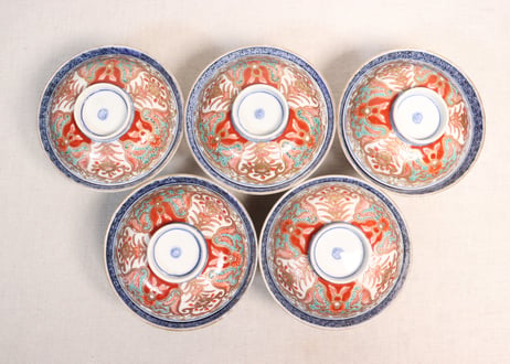 明治前期色絵団龍と牡丹図通り物飯茶碗①5客組