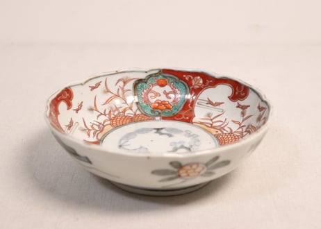 明治前期色絵籠目に芦と水鳥図なます皿①