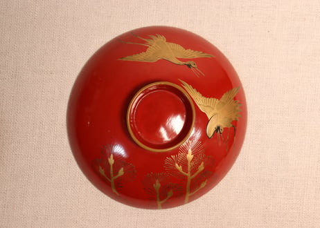 皆朱蒔絵松鶴図吸物椀②蓋小傷