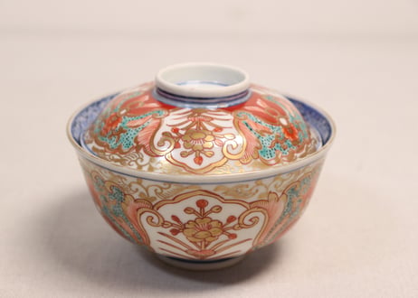 明治前期色絵団龍と牡丹図通り物飯茶碗①5客組