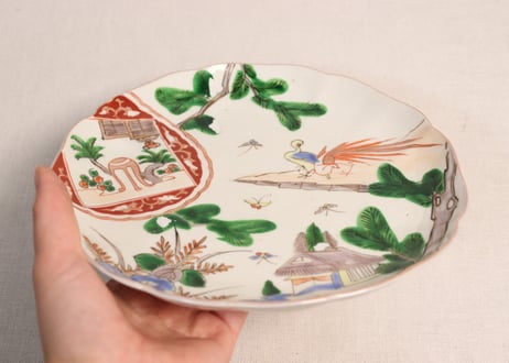 明治前期色絵松に家と鳥図7寸皿②釉剥げ