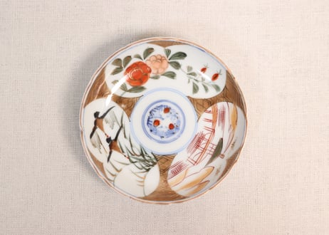 明治後期～大正色絵牡丹と水鳥に山水図通り物小皿②少かたつき