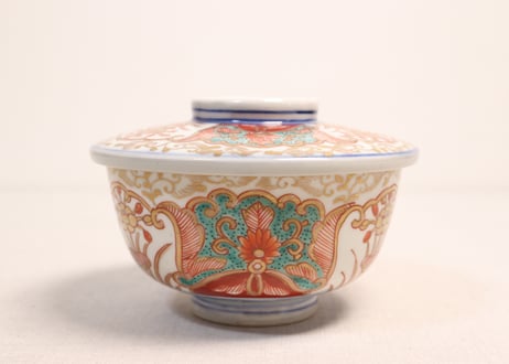 明治前期色絵団龍と牡丹図通り物蒸茶碗①5客組