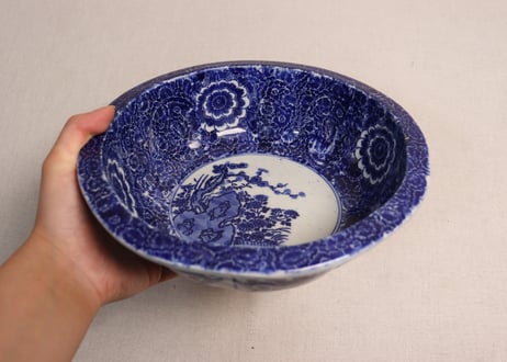 明治前期紙刷梅に菊と牡丹図7寸鉢