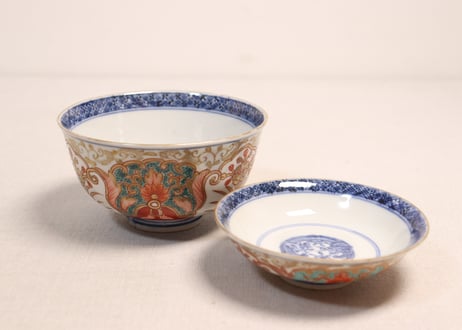 明治前期色絵団龍と牡丹図通り物飯茶碗①5客組