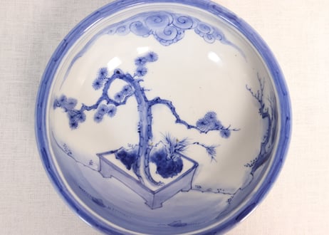 明治前期染付盆栽と山水図7寸鉢