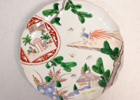 明治前期色絵松に家と鳥図7寸皿②釉剥げ