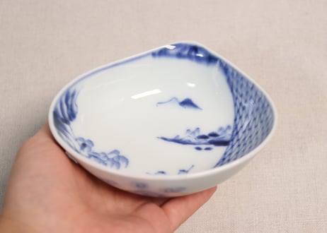 明治後期~大正染付網と漁師図貝型小鉢