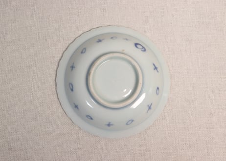 江戸後期染付梅花氷裂図鍔縁小皿5客組　共箱付