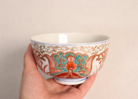 明治前期色絵団龍と牡丹図通り物蒸茶碗①5客組