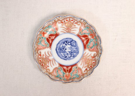 明治前期色絵団龍と牡丹図通り物小皿