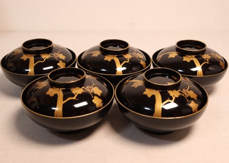 総黒蒔絵紅葉と笛図吸物椀①　5客組