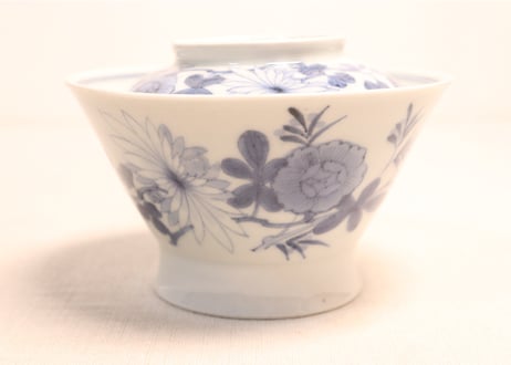 江戸後期染付菊と蝙蝠図広東型蓋茶碗