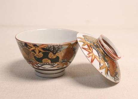 明治後期~大正九谷焼色絵松竹梅図蓋茶碗