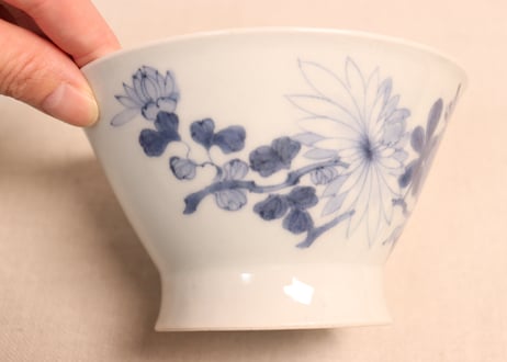 江戸後期染付菊と蝙蝠図広東型蓋茶碗