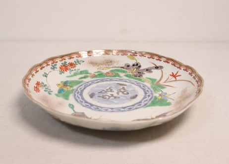 明治前期色絵花と蝶図通り物7寸皿