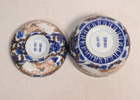 江戸後期色絵花と梅に鶯図大蓋茶碗　変色有り