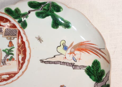 明治前期色絵松に家と鳥図7寸皿①