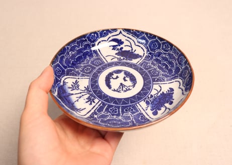 明治前期紙刷菊と牡丹と竹図５寸皿②かたつき