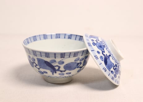 江戸幕末染付梅と鶯図蓋茶碗