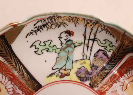 大正～昭和戦前ゴム判色絵竹林賢人と鳳凰図なます皿