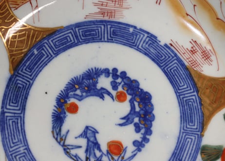 明治後期～大正色絵牡丹と水鳥に山水図通り物なます皿