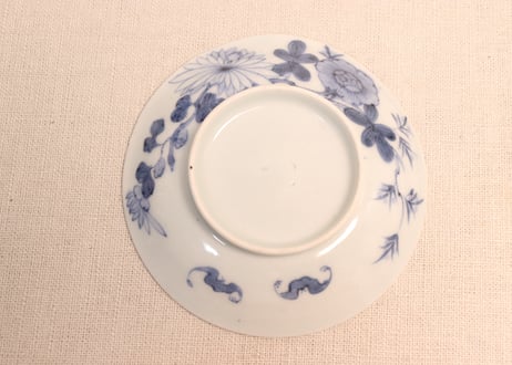 江戸後期染付菊と蝙蝠図広東型蓋茶碗