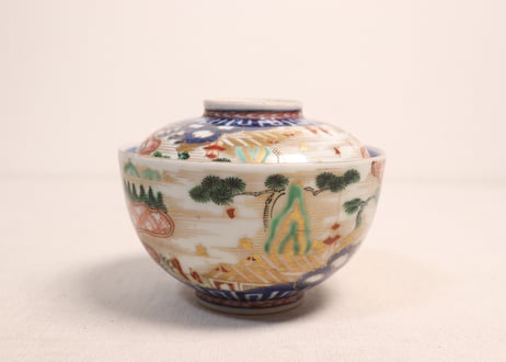 江戸中期色絵山水人物と帆掛け船図蓋茶碗
