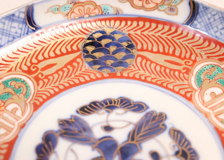 明治前期色絵青玉に青海波と花図6寸皿