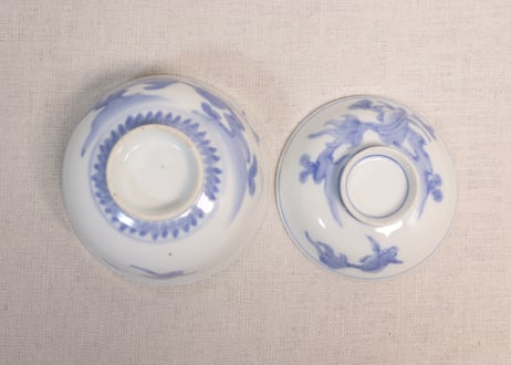 明治前期染付金魚図蓋茶碗①蓋少甘手