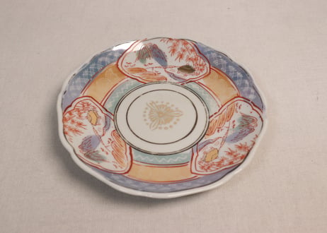 昭和戦前ゴム判色絵三方山水図7寸皿