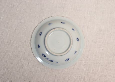 江戸後期染付梅花氷裂図鍔縁小皿5客組　共箱付