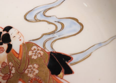 明治前期色絵流水に菊と婦人図角なます皿