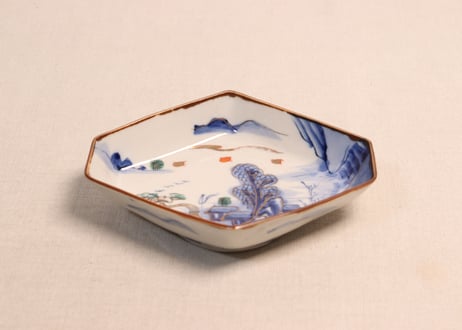 明治前期色絵山水図菱形皿①釉剥げ