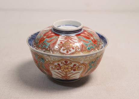 明治前期色絵団龍と牡丹図通り物飯茶碗①5客組