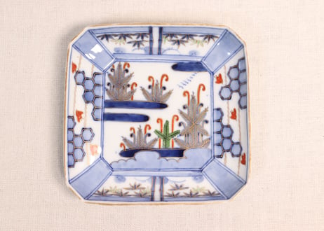 明治前期大聖寺古伊万里写し色絵若松と蕨図角皿　5客組