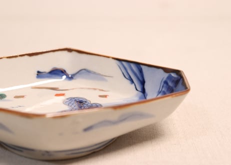明治前期色絵山水図菱形皿①釉剥げ