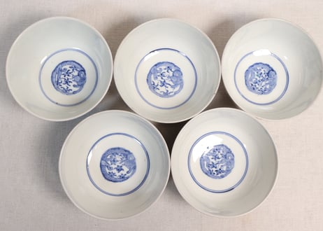明治前期色絵団龍と牡丹図通り物蒸茶碗①5客組