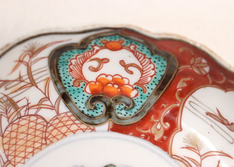 明治前期色絵籠目に芦と水鳥図なます皿②ノミホツ