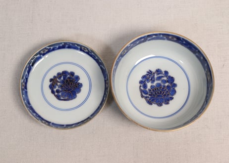 江戸後期色絵花と梅に鶯図大蓋茶碗　変色有り
