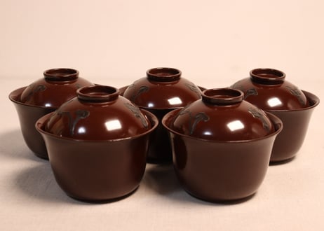 総茶蒔絵霊芝と松梅図箸洗い椀　5客組