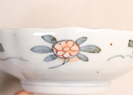 明治前期色絵籠目に芦と水鳥図なます皿②ノミホツ