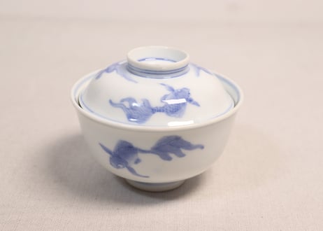 明治前期染付金魚図蓋茶碗①蓋少甘手