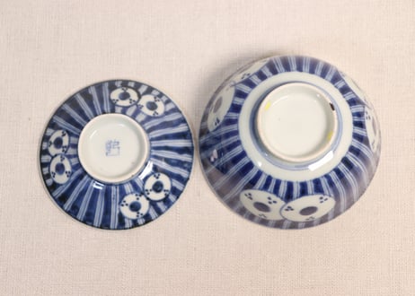 江戸後期染付縦縞鼓図蓋茶碗②高台傷