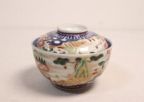 江戸中期色絵山水人物と帆掛け船図蓋茶碗