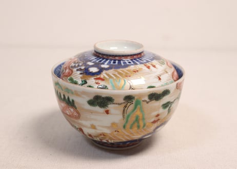 江戸中期色絵山水人物と帆掛け船図蓋茶碗