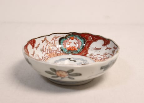明治前期色絵籠目に芦と水鳥図なます皿②ノミホツ