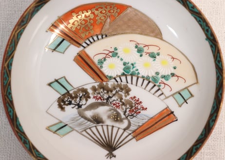 大正~昭和戦前九谷焼色絵扇面図小皿